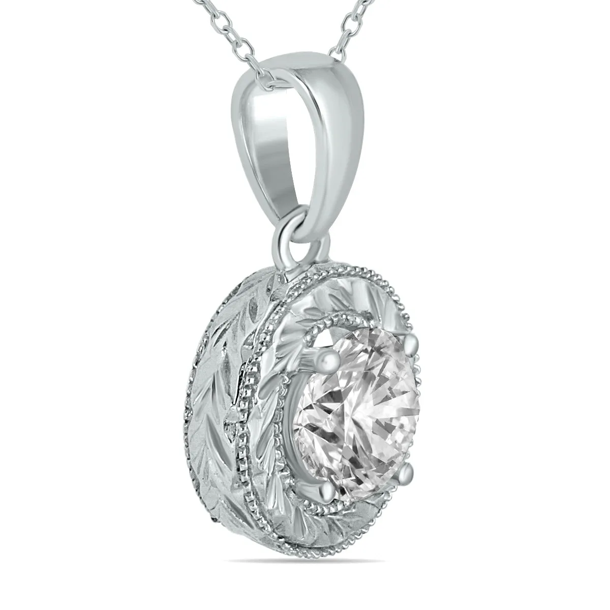 1 Ctw Round Antique Engraved Natural Diamond Solitaire Pendant In 14K White Gold