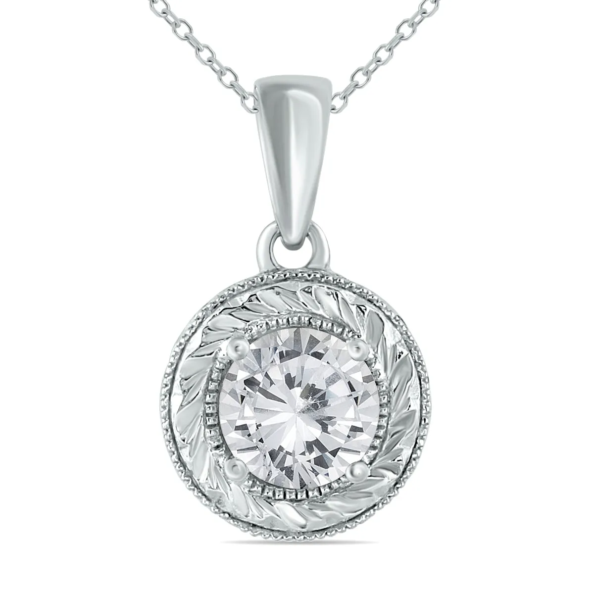 1 Ctw Round Antique Engraved Natural Diamond Solitaire Pendant In 14K White Gold