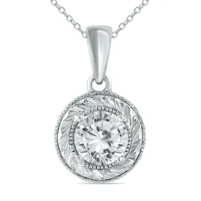 1 Ctw Round Antique Engraved Natural Diamond Solitaire Pendant In 14K White Gold