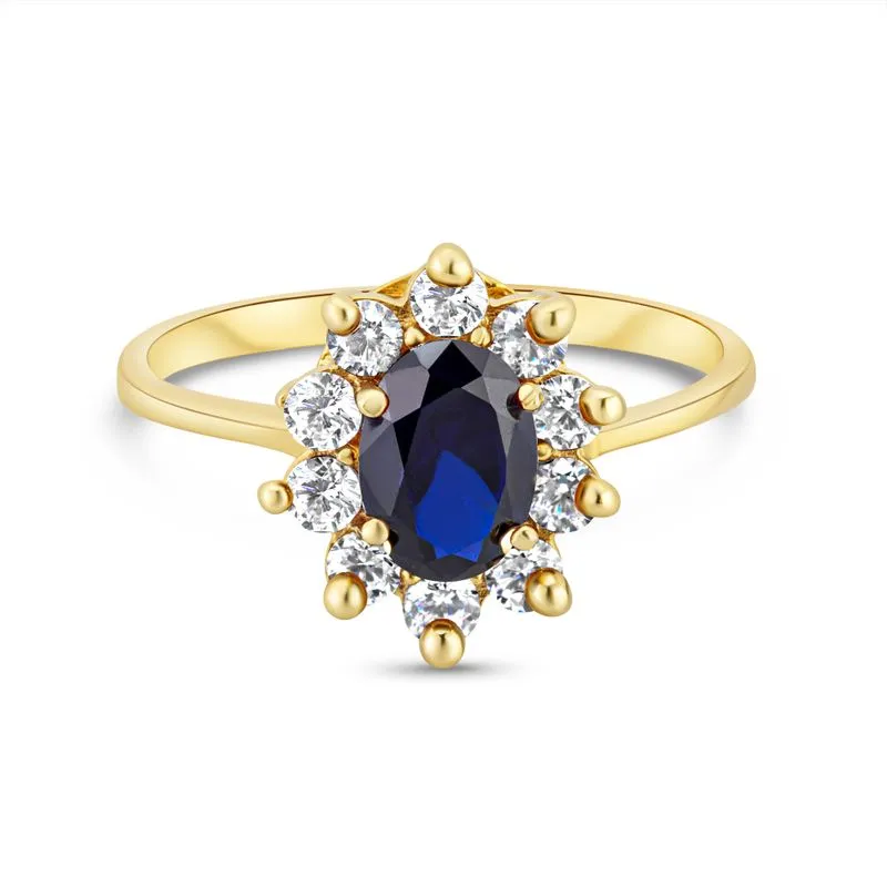 14K Yellow Gold Oval Blue Cubic Zirconia 7X5mm Ring