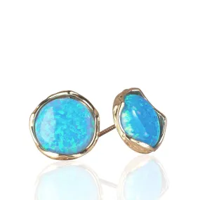 14K Yellow Gold Round Blue Opal 12mm Stud Earrings