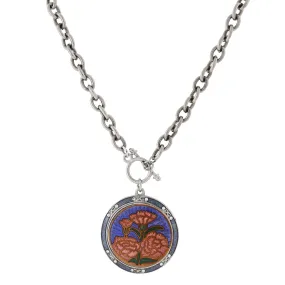 1928 Jewelry Blue and Orange Floral Enamel Medallion Toggle Pendant Necklace 20