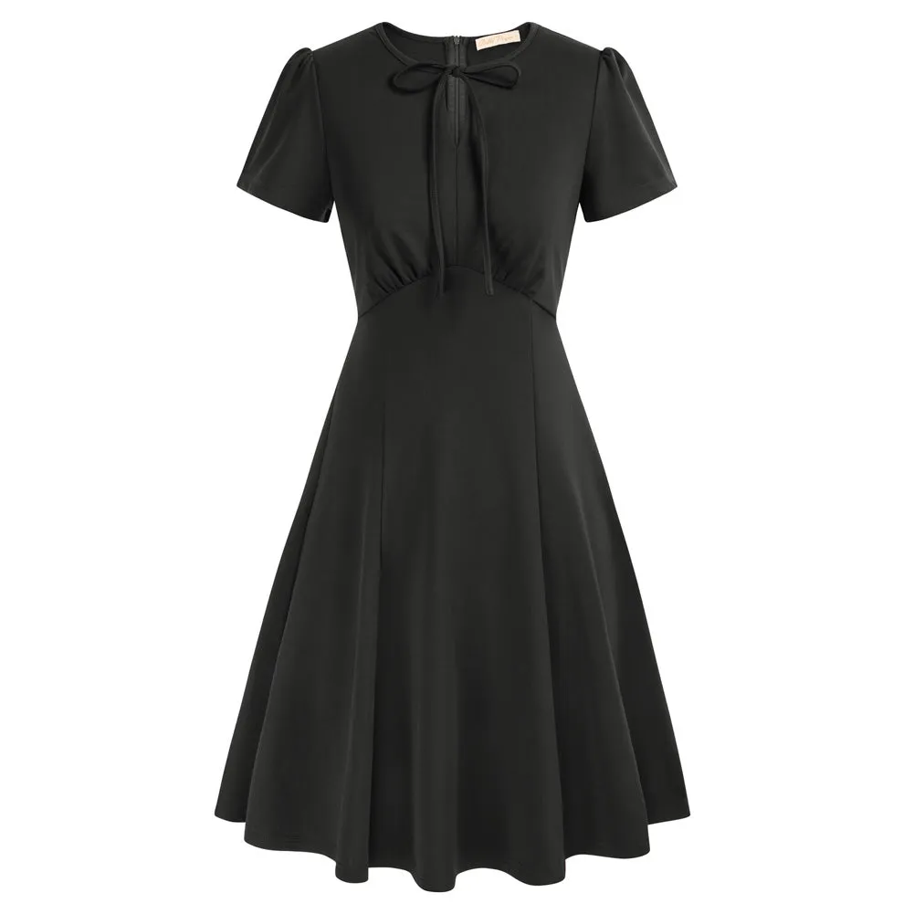 1950s Vintage A-Line Swing Dress Keyhole Tie Dress Round Neck Work Dress Tea Dress