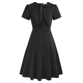 1950s Vintage A-Line Swing Dress Keyhole Tie Dress Round Neck Work Dress Tea Dress