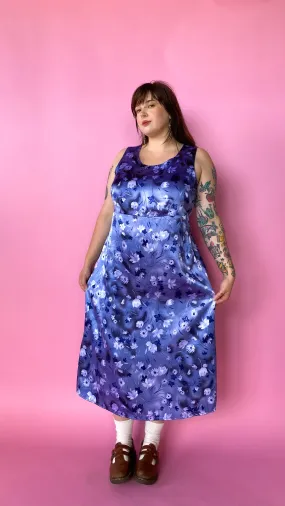 1990s Blue Floral Satin Maxi Dress, sz. 2XL