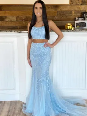 2 Pieces Blue Tulle Lace  Long Mermaid Prom Dresses, Two Pieces Lace Mermaid Long Formal Evening Dresses