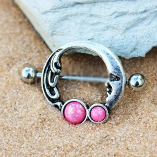 316L Stainless Steel Crescent Moon Nipple Ring with Pink Synthetic Opal