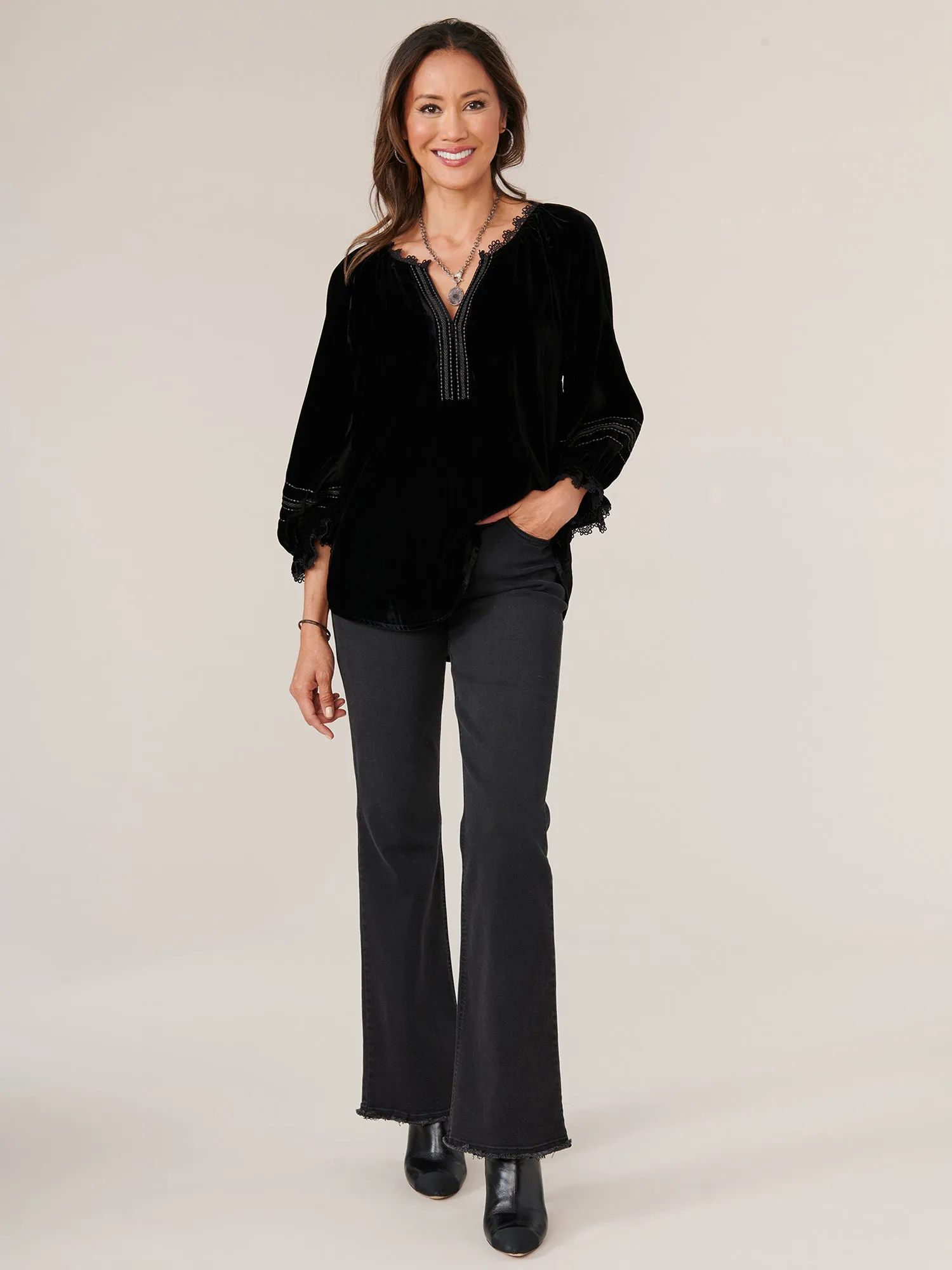 3/4 Blouson Sleeve Ruffle Edge Split V-Neck Embroidered Woven Top