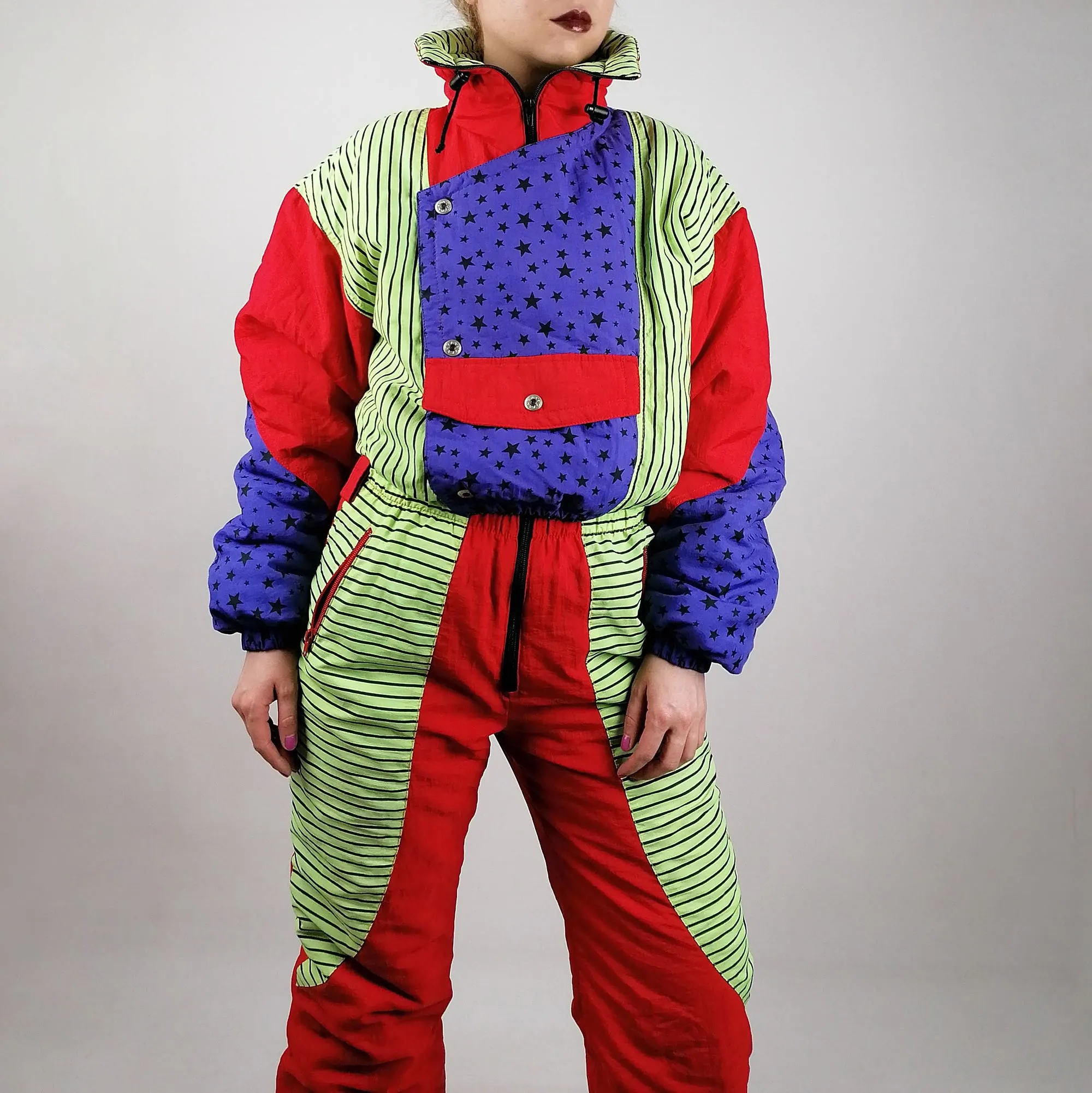 90's Ski Suit Crazy Print Stars Stripes - size S-M