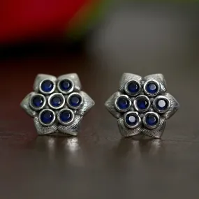 925 Silver Antique Look Hexagonal Blue Stud