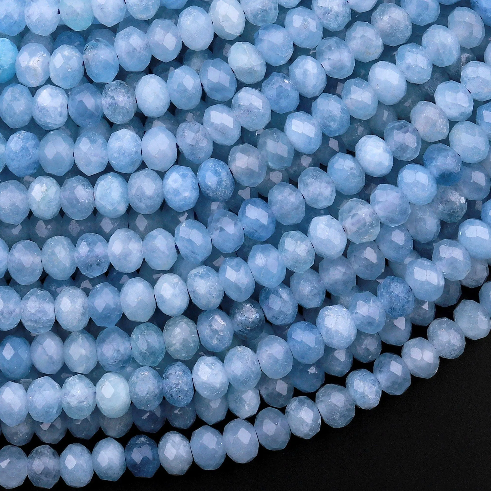 AAA Faceted Natural Blue Aquamarine Rondelle Beads 3mm 4mm 15.5" Strand