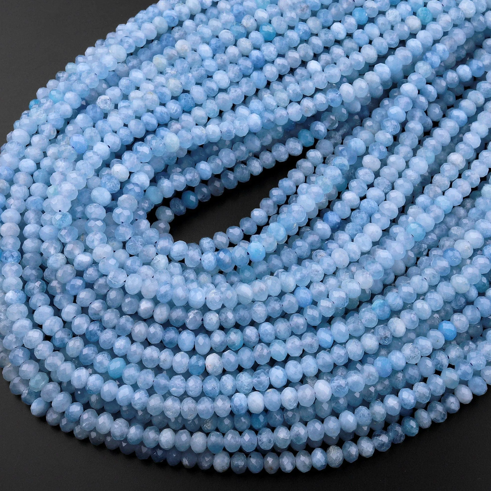 AAA Faceted Natural Blue Aquamarine Rondelle Beads 3mm 4mm 15.5" Strand