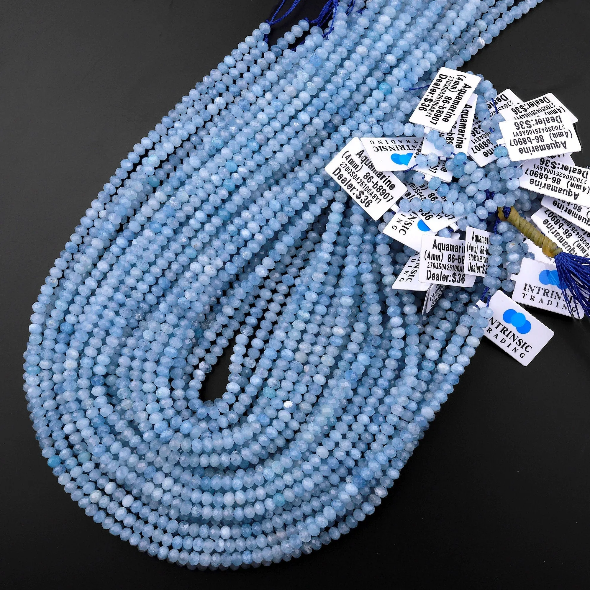 AAA Faceted Natural Blue Aquamarine Rondelle Beads 3mm 4mm 15.5" Strand