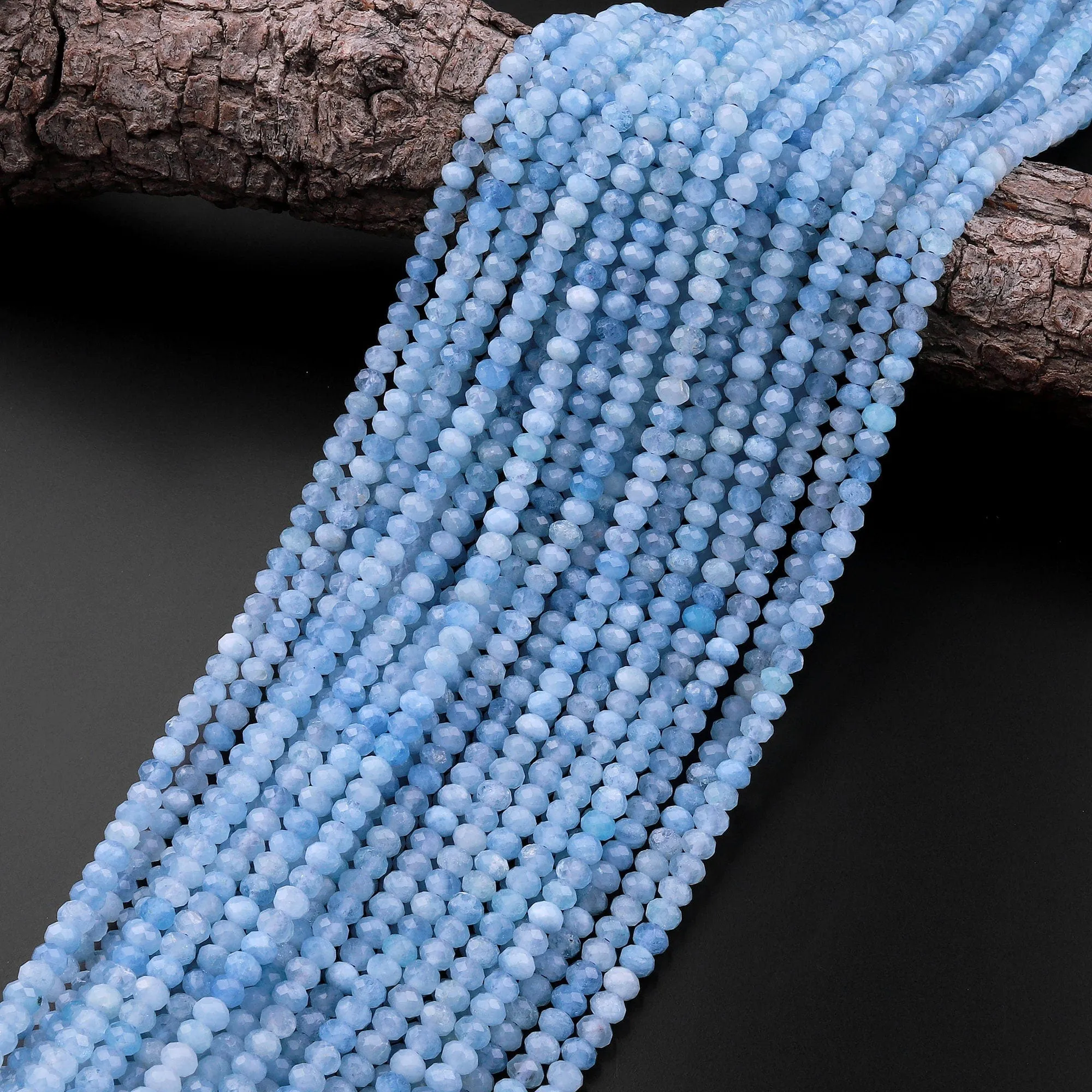 AAA Faceted Natural Blue Aquamarine Rondelle Beads 3mm 4mm 15.5" Strand