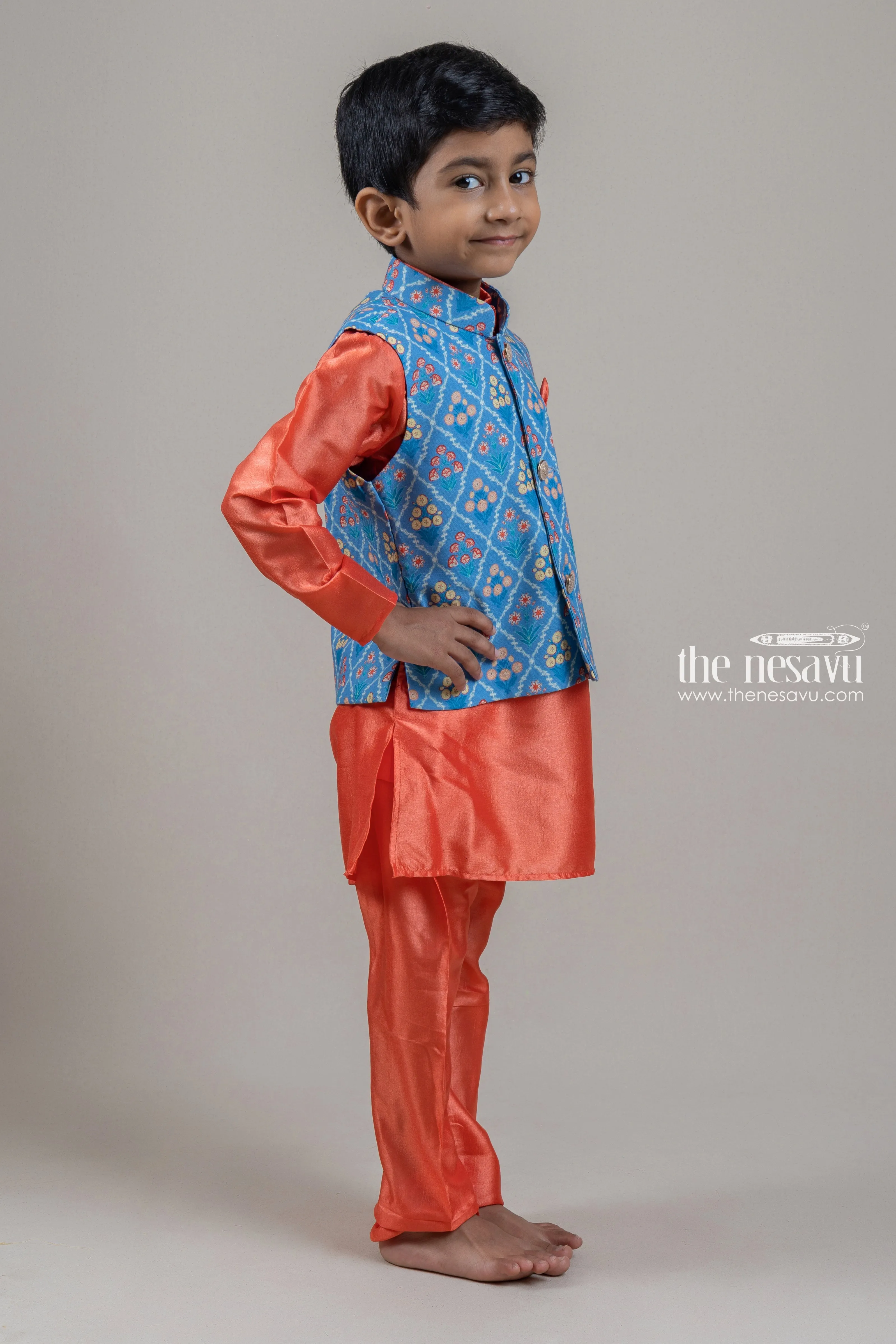 Adorable Orange Boys Kurta Set With Blue Floral Printed OverCoat