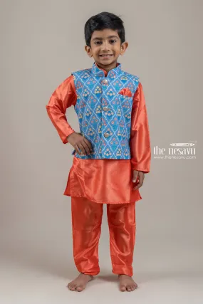 Adorable Orange Boys Kurta Set With Blue Floral Printed OverCoat