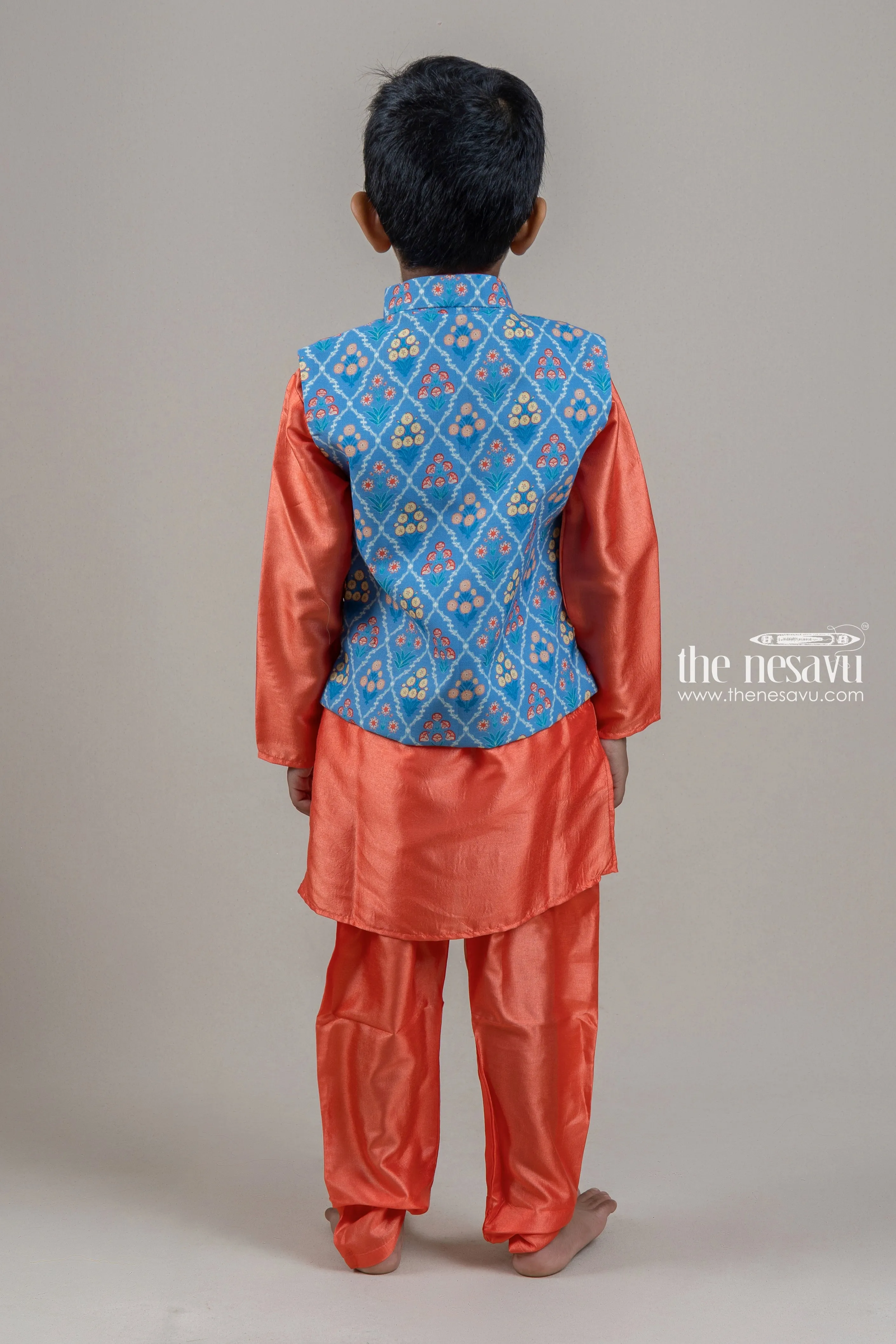 Adorable Orange Boys Kurta Set With Blue Floral Printed OverCoat