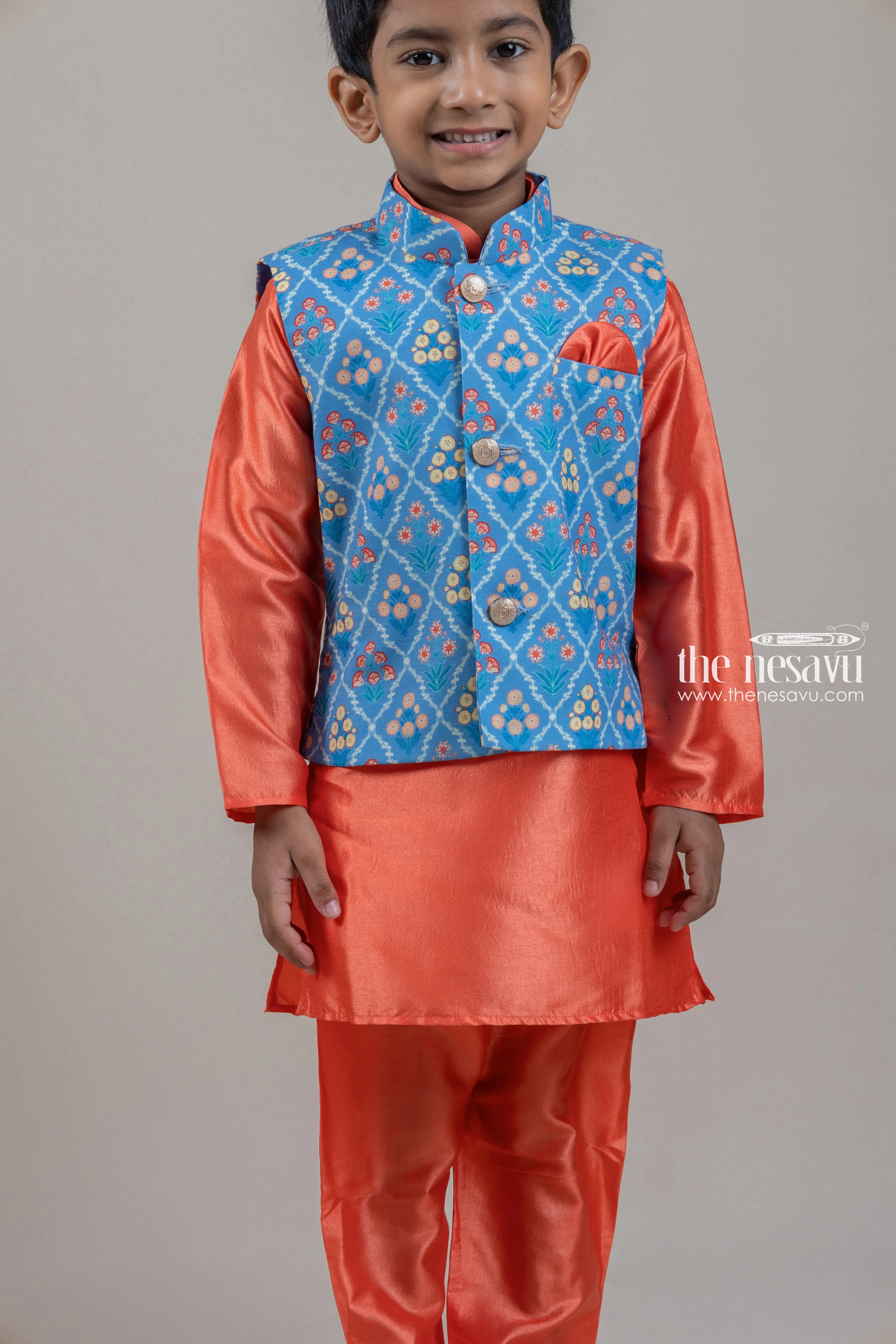 Adorable Orange Boys Kurta Set With Blue Floral Printed OverCoat