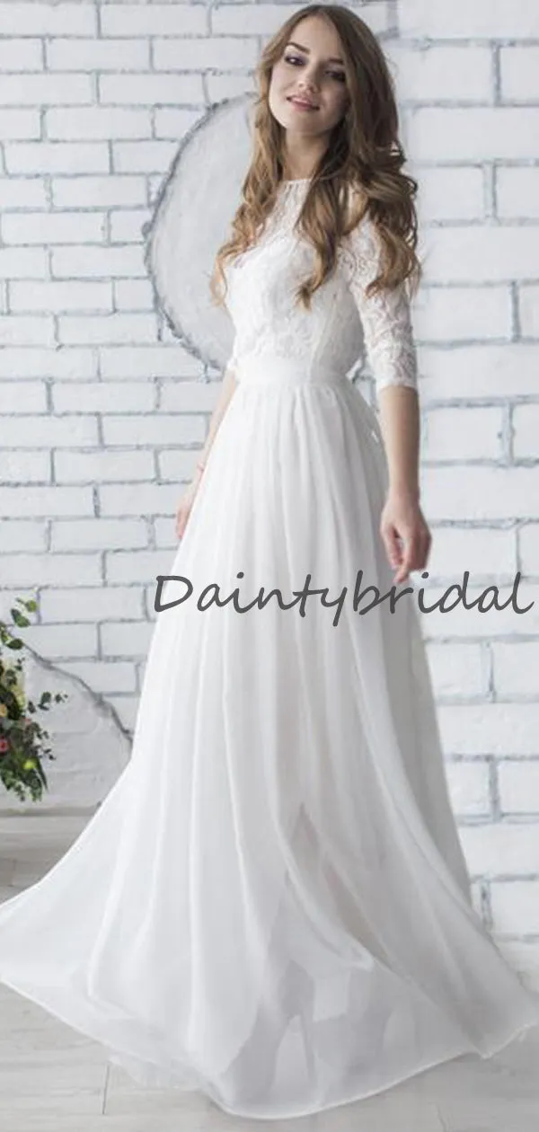 Affordable Simple Chiffon Lace 1/2Sleeve Long Wedding Dresses, DB10688