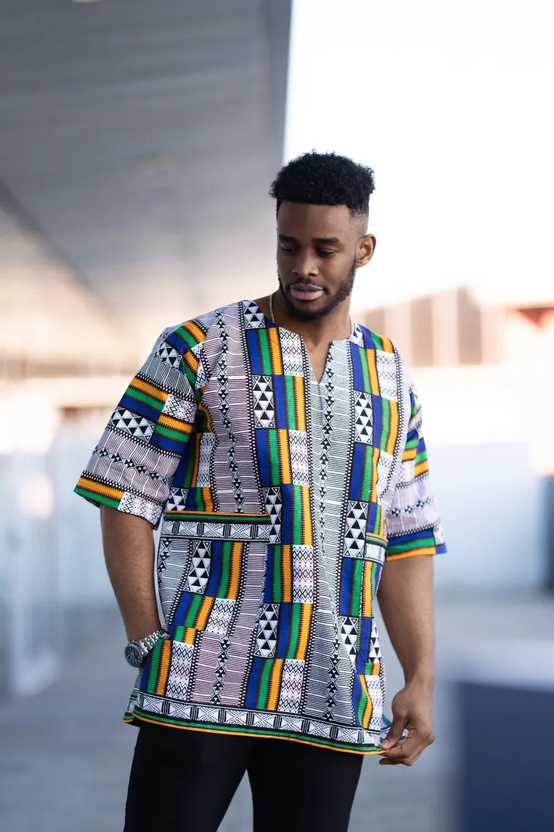 African T-Shirt in White Kente