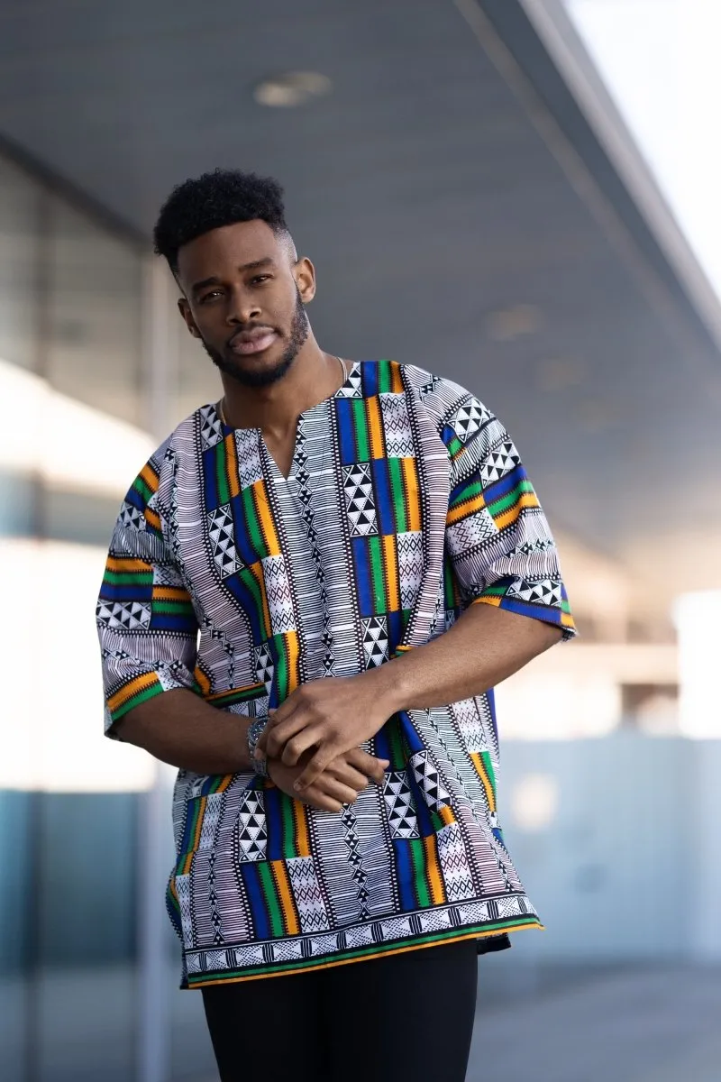 African T-Shirt in White Kente