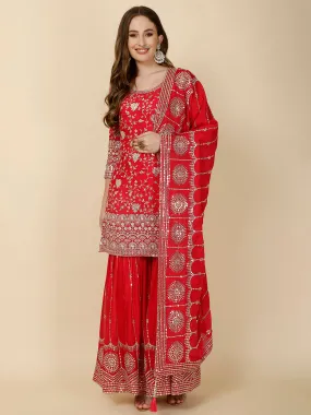 All Over Sequin Embroidery Crepe Suit Set With Garara & Dupatta