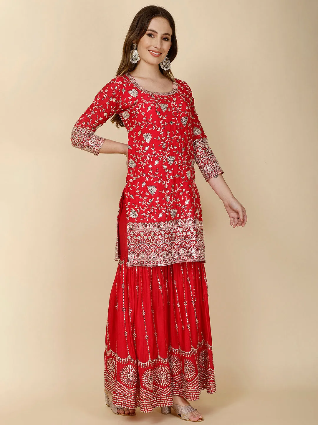 All Over Sequin Embroidery Crepe Suit Set With Garara & Dupatta