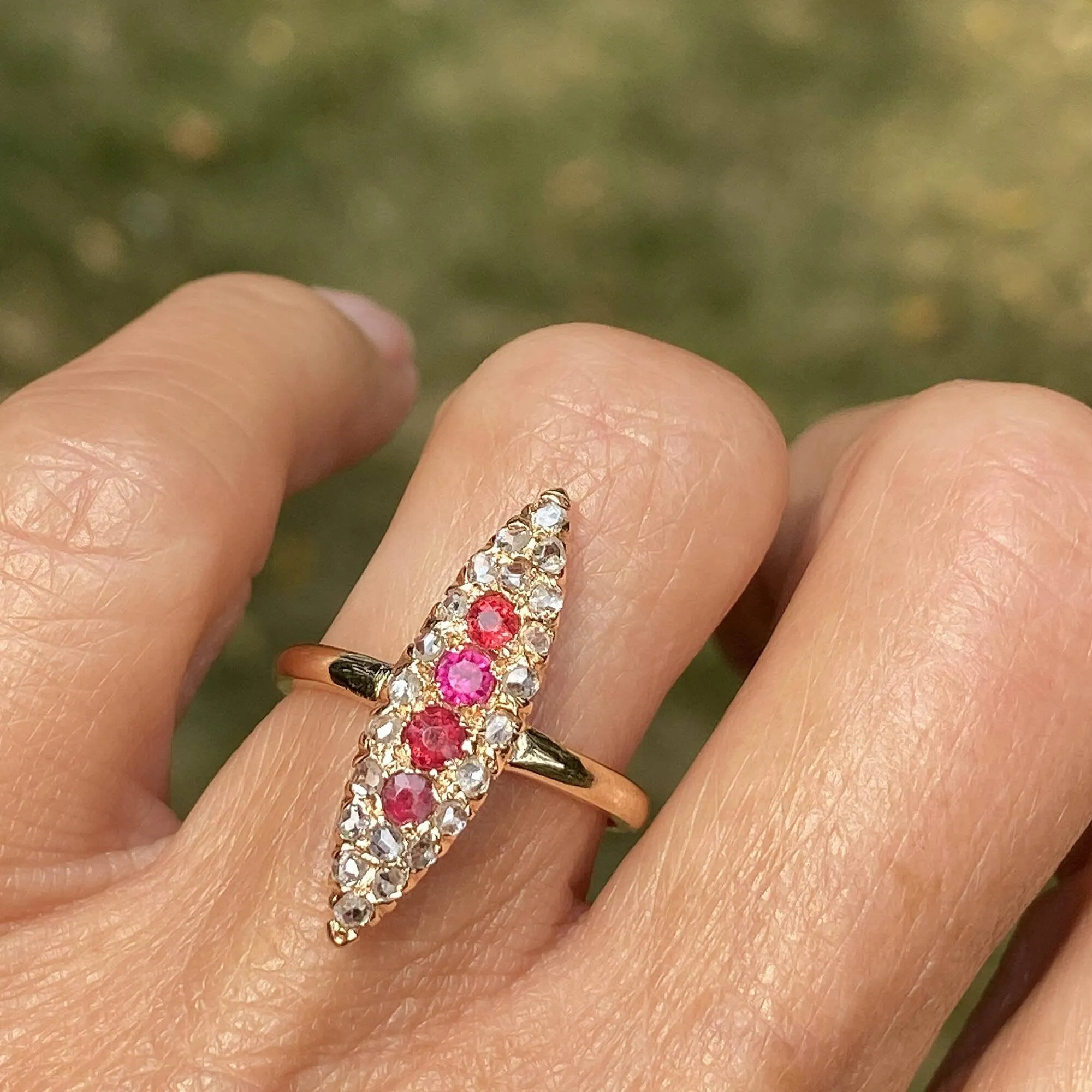 Antique Victorian Diamond Ruby Navette Ring in 14K Gold