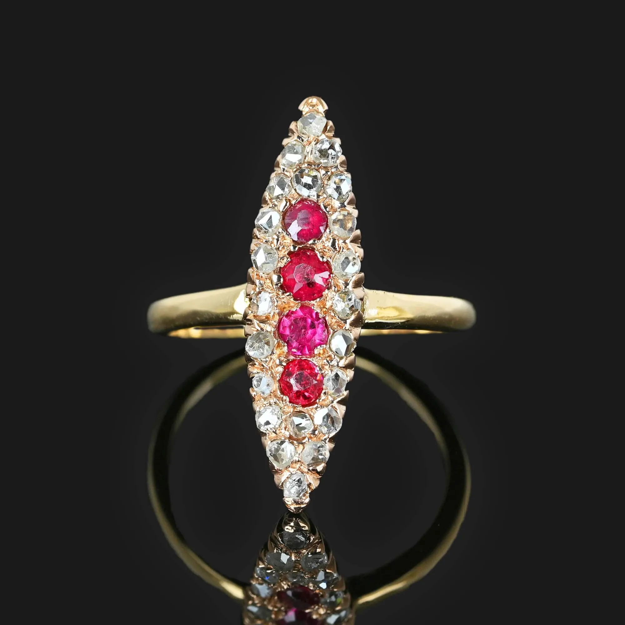 Antique Victorian Diamond Ruby Navette Ring in 14K Gold