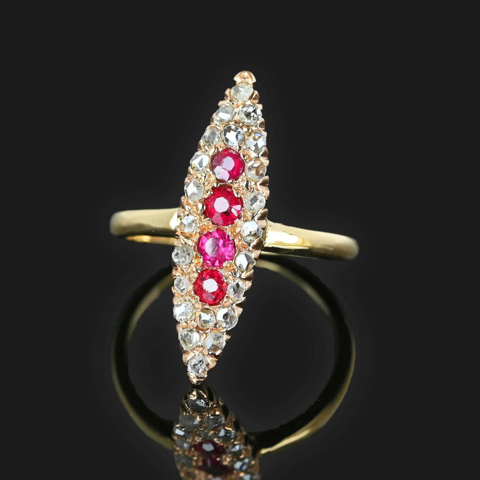 Antique Victorian Diamond Ruby Navette Ring in 14K Gold