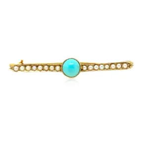 Antique Victorian Turquoise & Seed Pearl 9ct Gold Gemstone Brooch