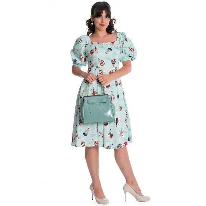 Aqua Blue Hot Air Balloon Print Puff Sleeve Vintage Style Swing Dress