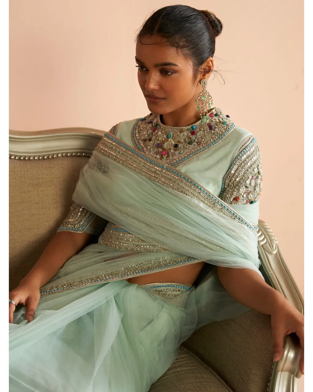 Aqua Embroidered Sari