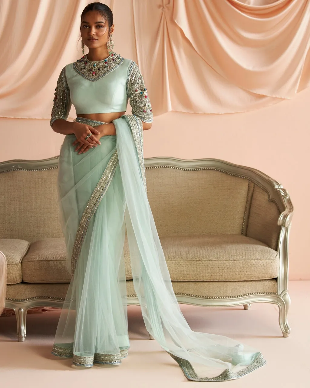 Aqua Embroidered Sari