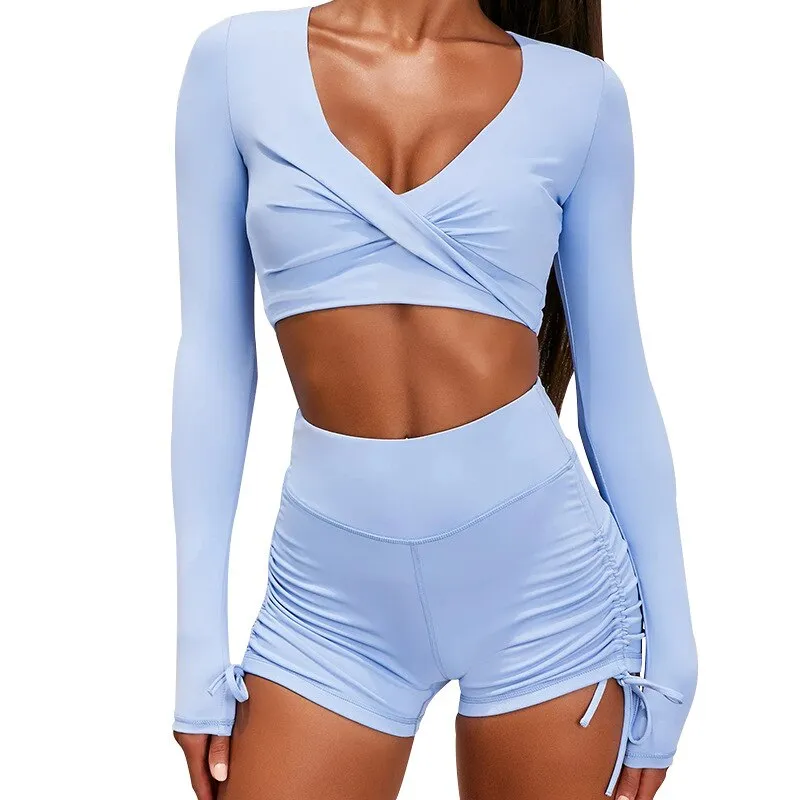 Autumn Solid Yoga Suit Gym Fitness Two Piece Set Long Sleeve Crop Top Shorts Tracksuit Fashion Running Sports Dance Energy Set