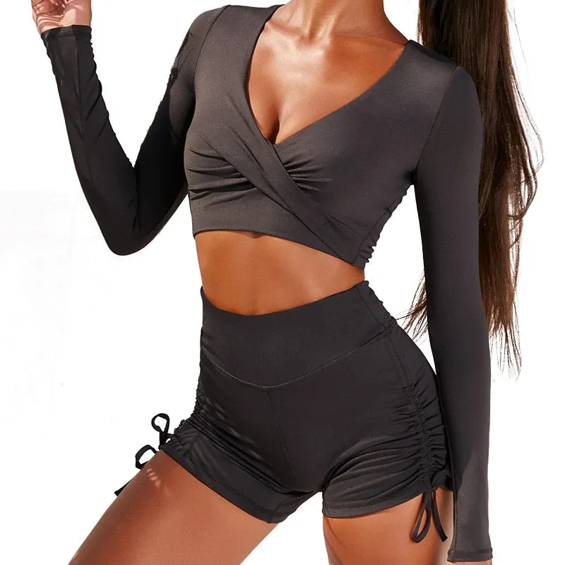 Autumn Solid Yoga Suit Gym Fitness Two Piece Set Long Sleeve Crop Top Shorts Tracksuit Fashion Running Sports Dance Energy Set