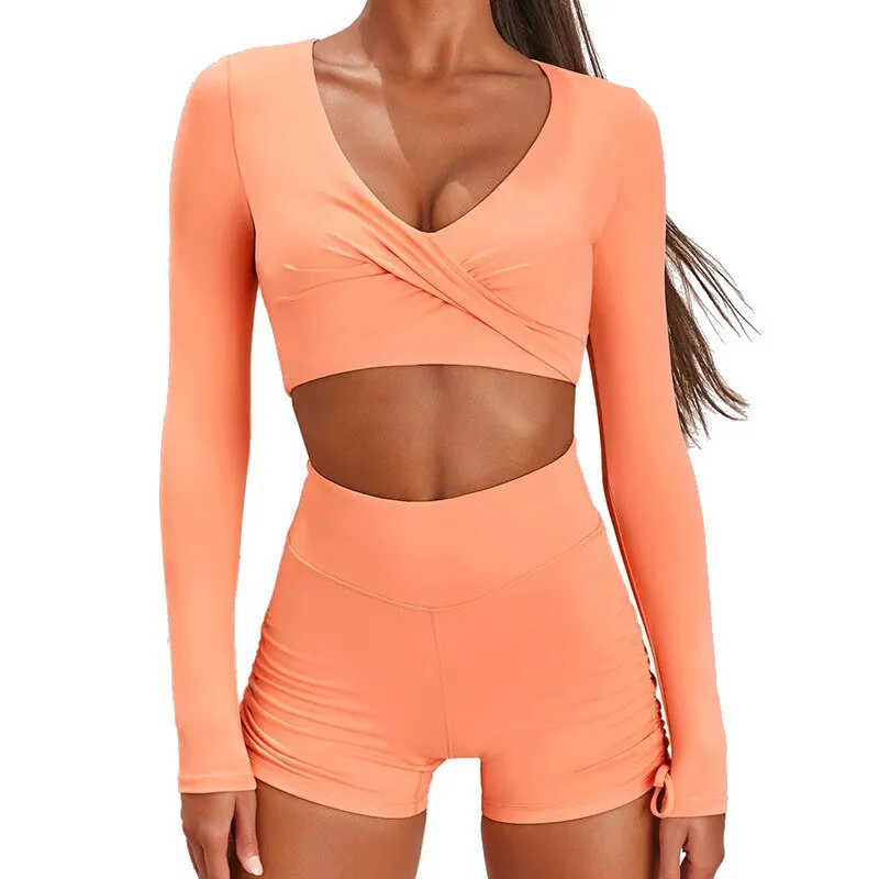 Autumn Solid Yoga Suit Gym Fitness Two Piece Set Long Sleeve Crop Top Shorts Tracksuit Fashion Running Sports Dance Energy Set