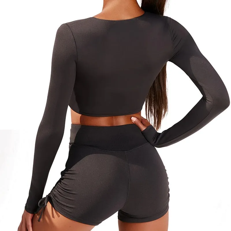 Autumn Solid Yoga Suit Gym Fitness Two Piece Set Long Sleeve Crop Top Shorts Tracksuit Fashion Running Sports Dance Energy Set