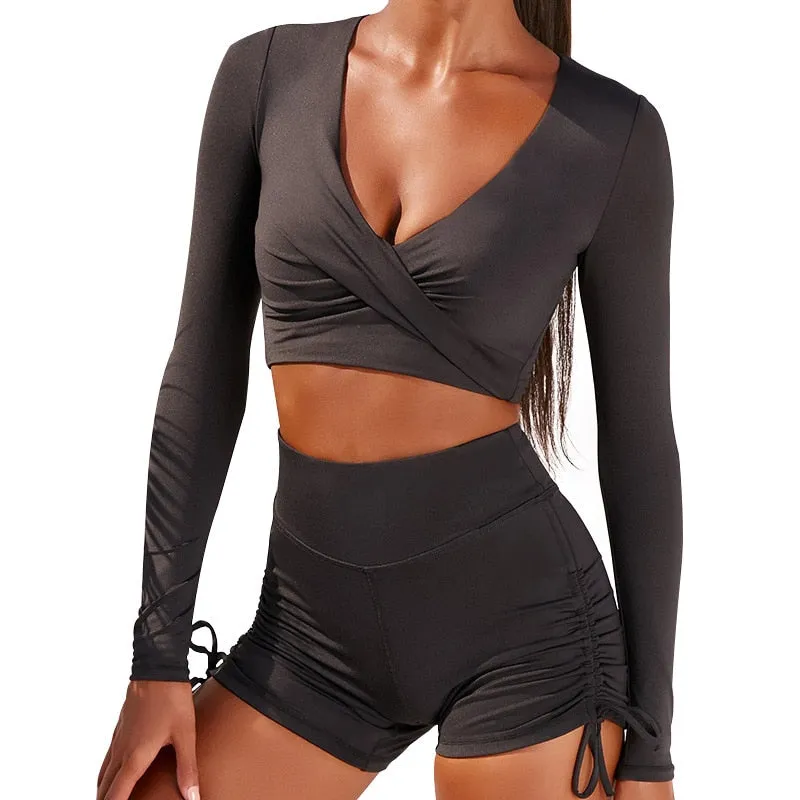 Autumn Solid Yoga Suit Gym Fitness Two Piece Set Long Sleeve Crop Top Shorts Tracksuit Fashion Running Sports Dance Energy Set