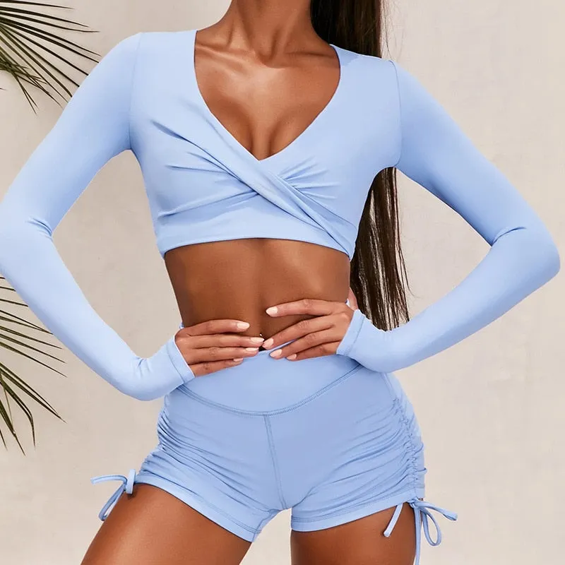 Autumn Solid Yoga Suit Gym Fitness Two Piece Set Long Sleeve Crop Top Shorts Tracksuit Fashion Running Sports Dance Energy Set