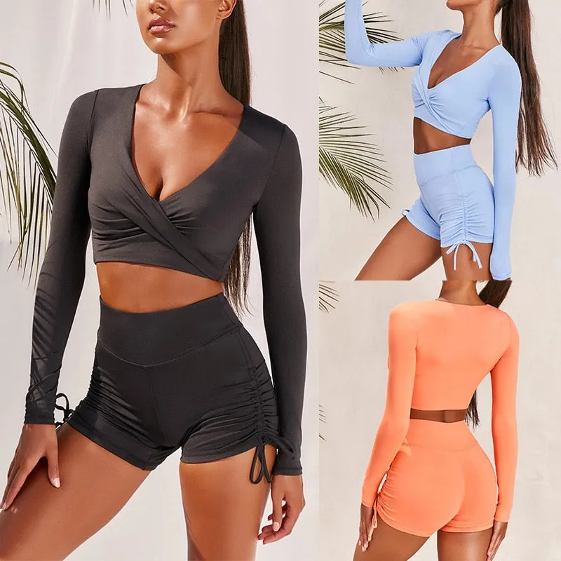 Autumn Solid Yoga Suit Gym Fitness Two Piece Set Long Sleeve Crop Top Shorts Tracksuit Fashion Running Sports Dance Energy Set