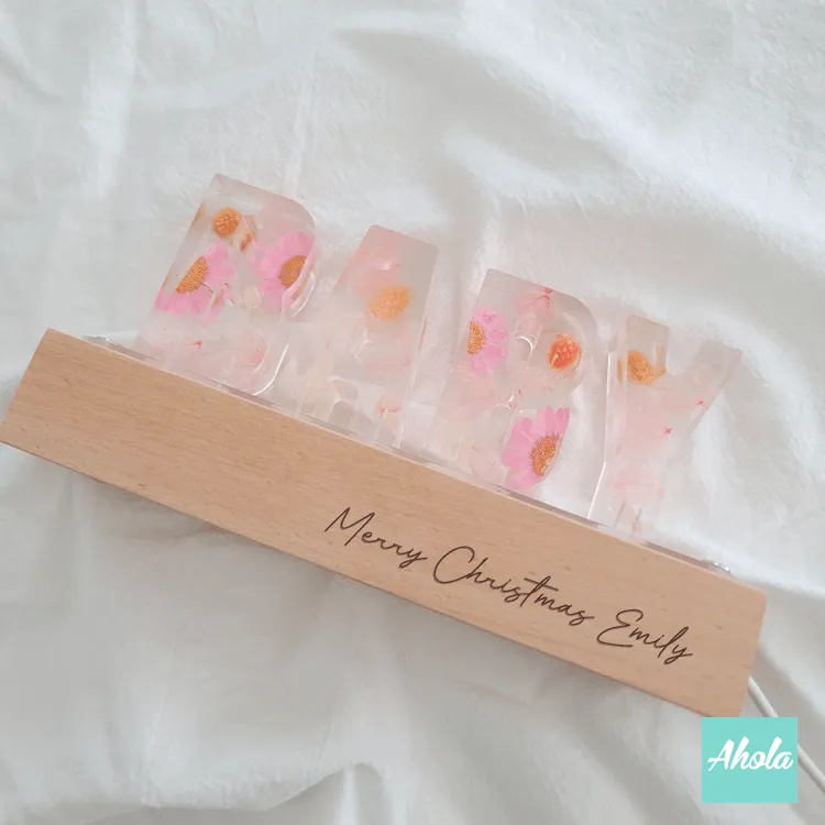 【Baby】Pink Dried Flowers Hard Wood LED Decor Night Lamp 刻字乾花亞加力小夜燈