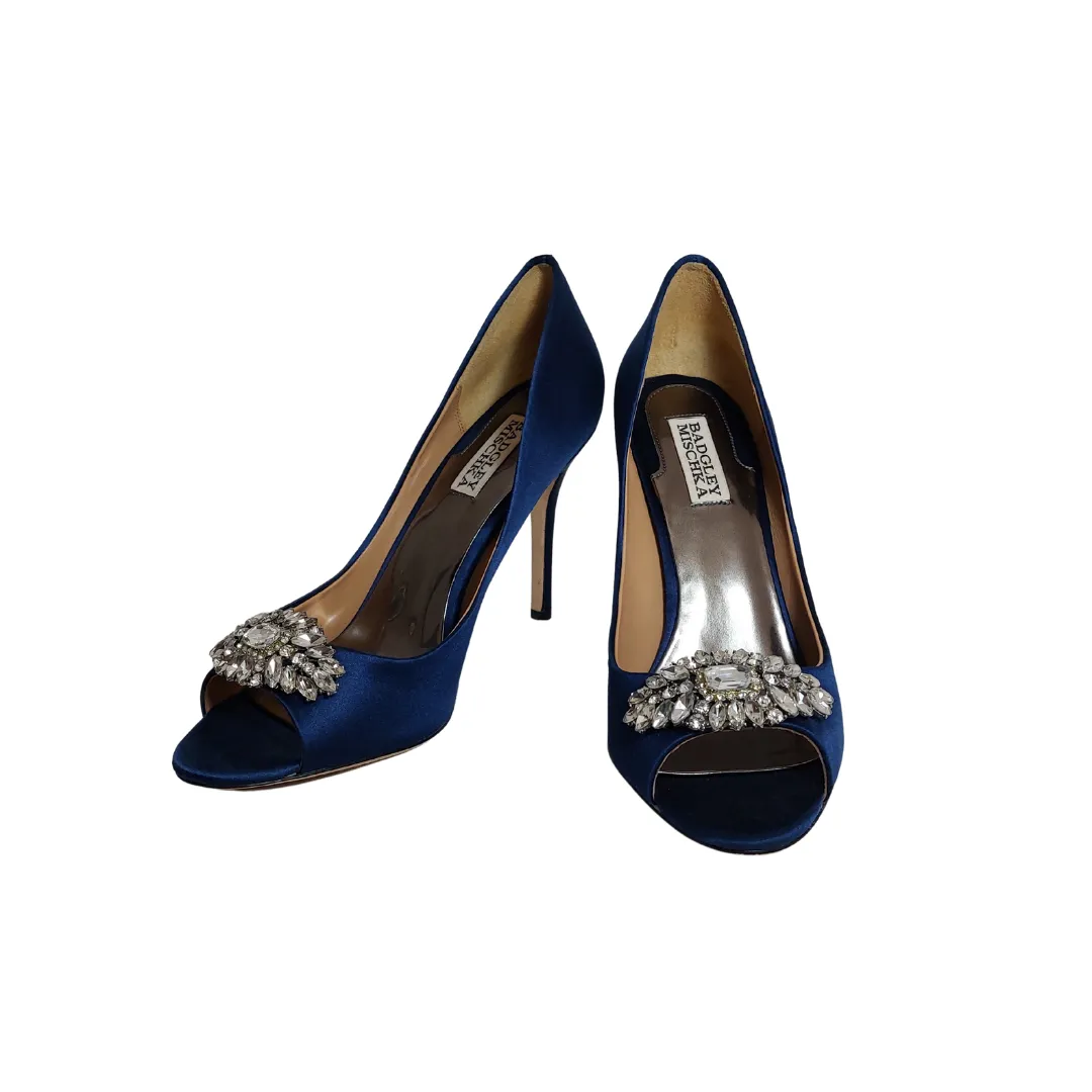 Badgley Mischka Blue Satin Rhinestone Peep-toe Heels | Pre Loved |