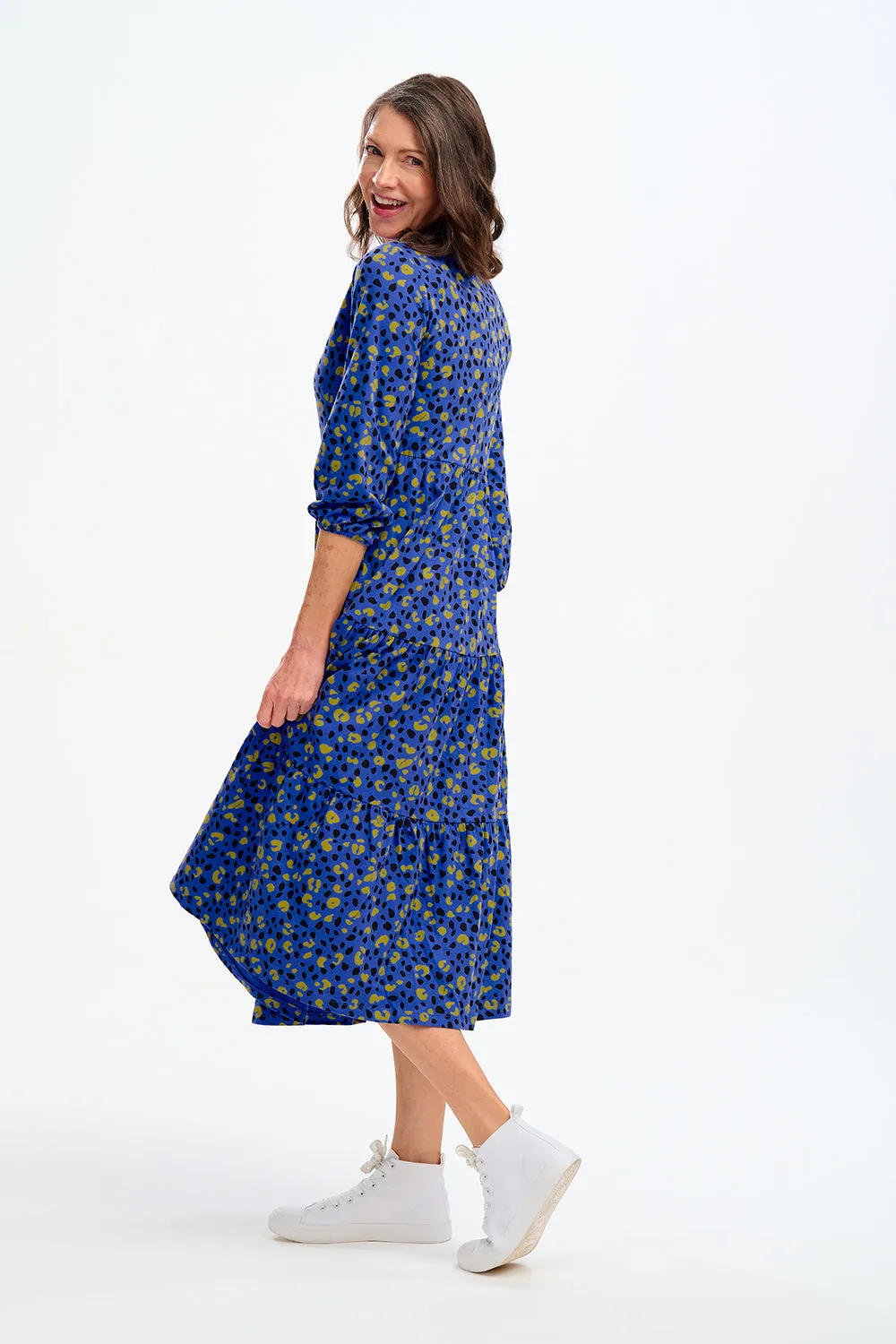 Bakari Jersey Tiered Midi Dress - Blue, Painted Leopard