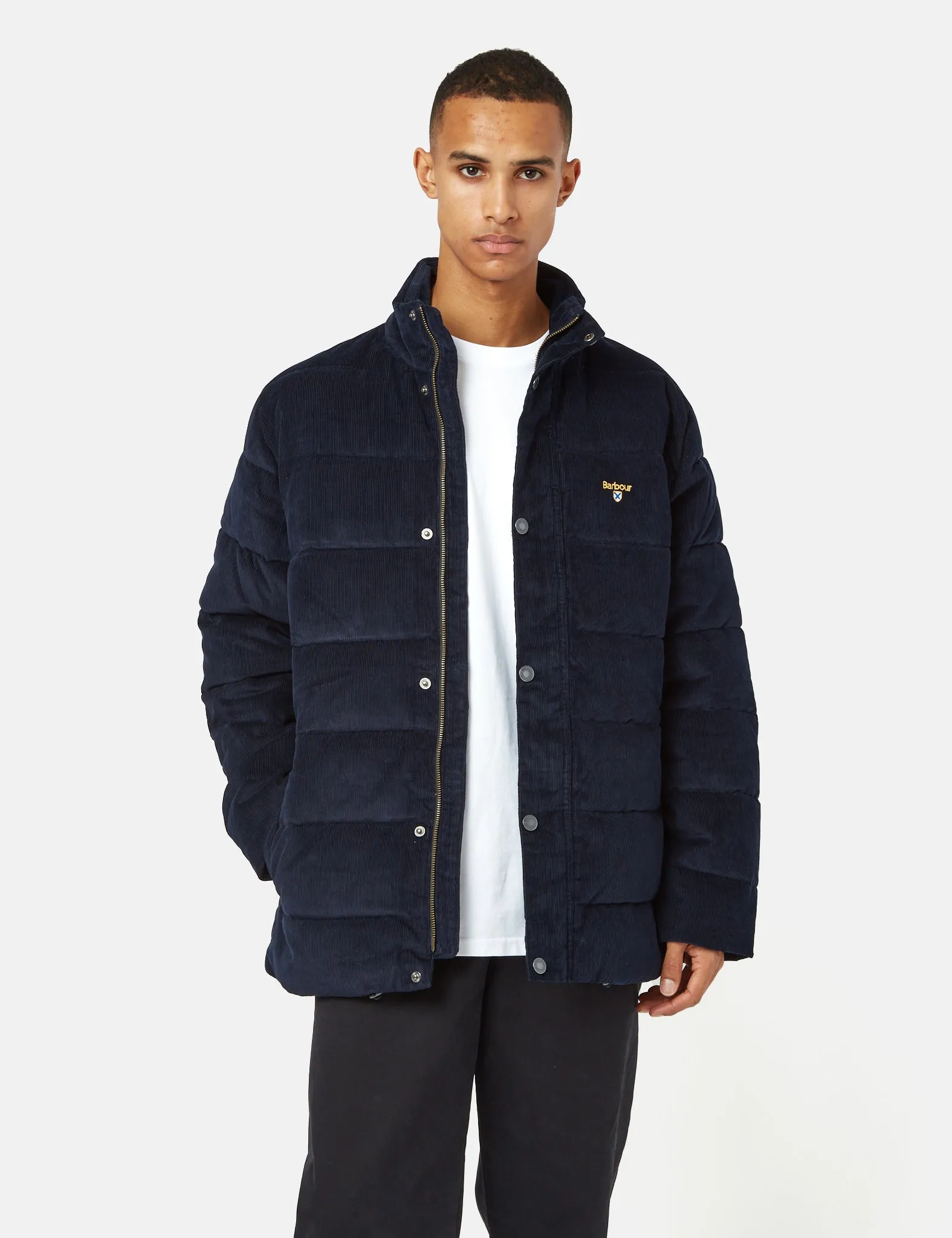 Barbour Crested Baffle Quilt Coat (Cord) - Navy Blue/Ivy Tartan