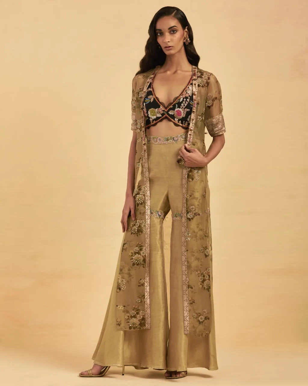 Beige Palazzo And Printed Cape Set