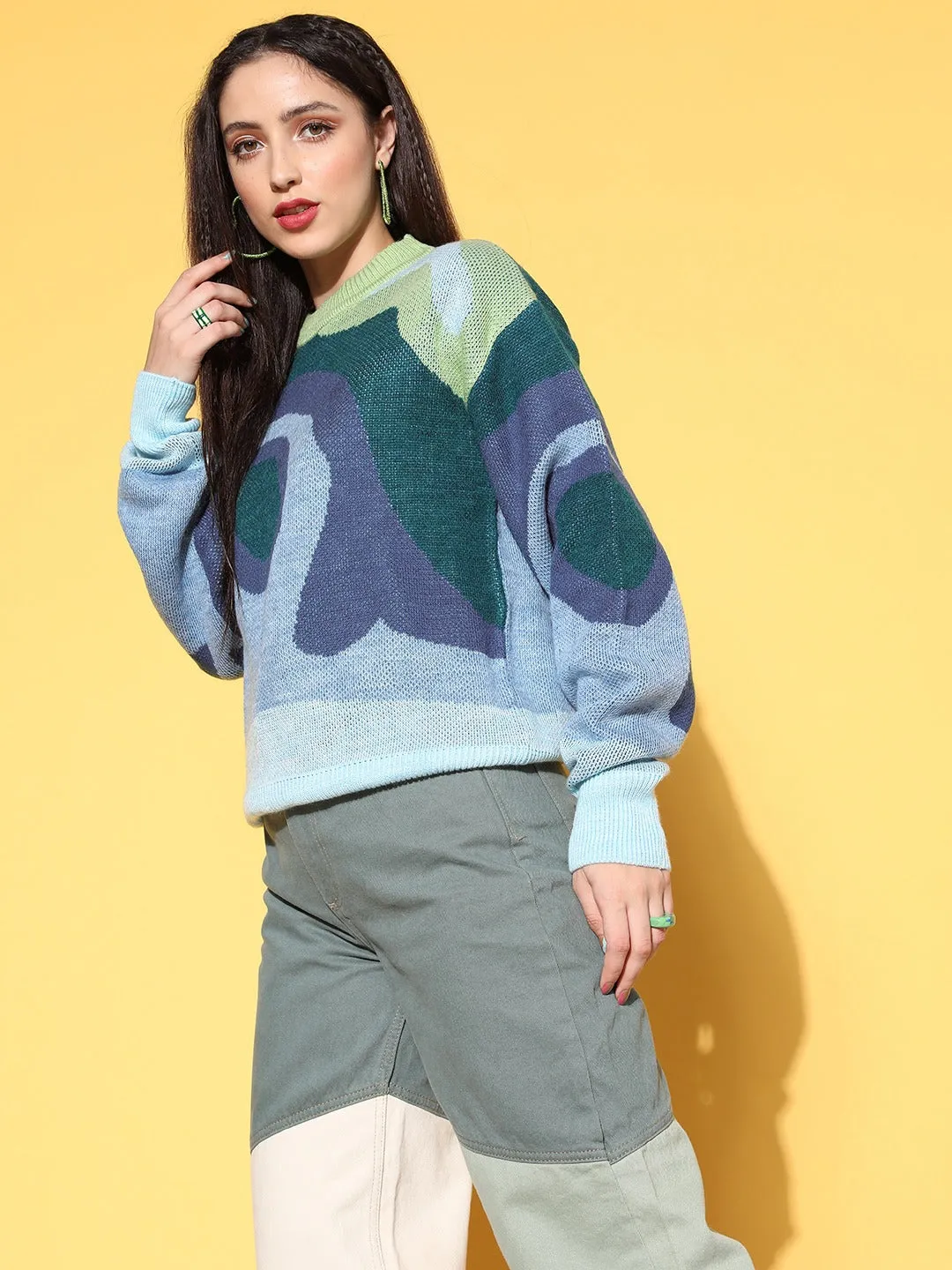 Berrylush Women Blue, Purple, & Green Abstract Printed Round Neck Acrylic Ribbed Hem Regular Pullover