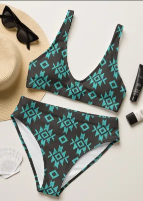 Black & Turquoise Aztec High Waisted Bikini