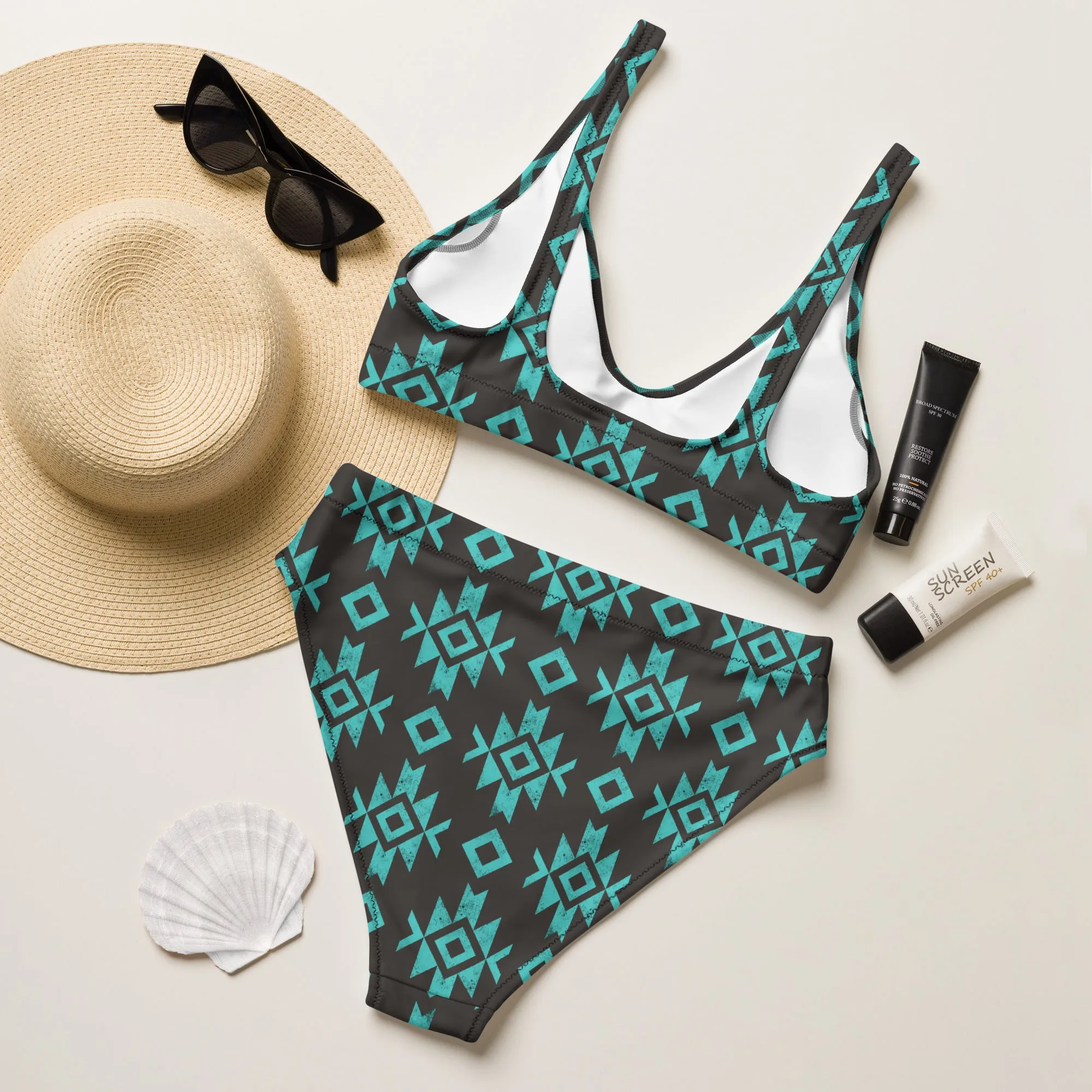 Black & Turquoise Aztec High Waisted Bikini