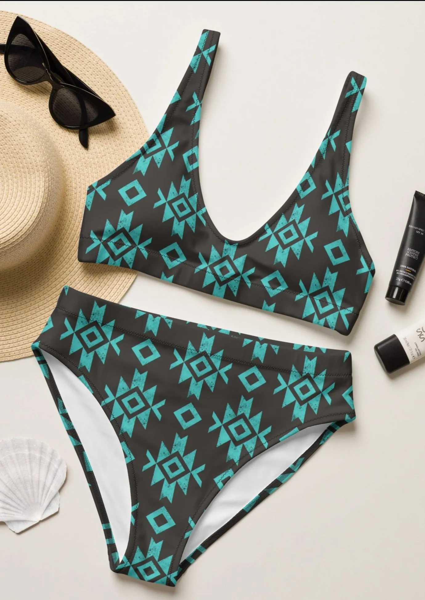 Black & Turquoise Aztec High Waisted Bikini